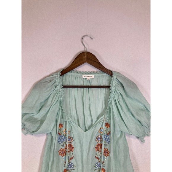 Romantic Boho Blu Pepper Women Large Mint Green Embroidered Boho Peasant Blouse - Picture 4 of 9